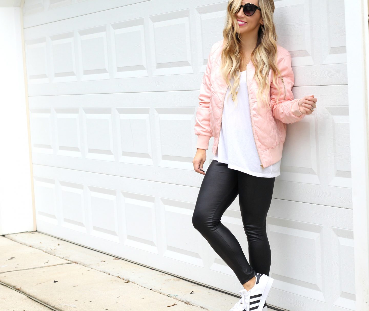 Pink Bomber Jacket & Leather Leggings